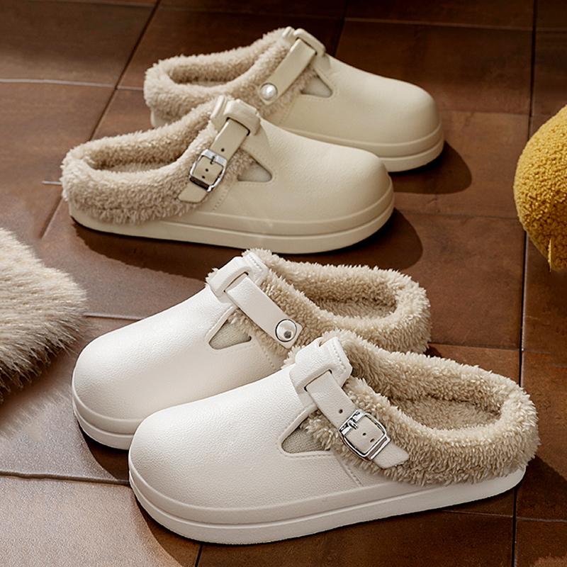 Fashion Autumn Winter Fur Clog Slippers Women 2025 Lightweight Non Slip Indoor Cotton Slippers Woman Buckle Decor Soft Sole Birken Shoes