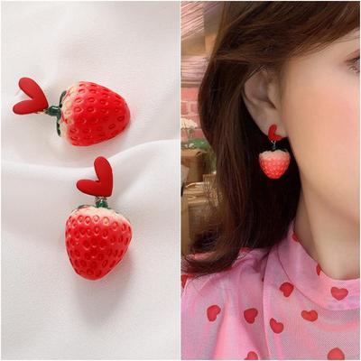 Brincos Sun Jiayu Zhu Shanshan Amor de Morango - Design de Fruta Fofo e Doce para Estudantes