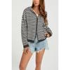 Women S Striped Hooded Zip Knit Cardigan Loose Fit Long Sleeve Sweater