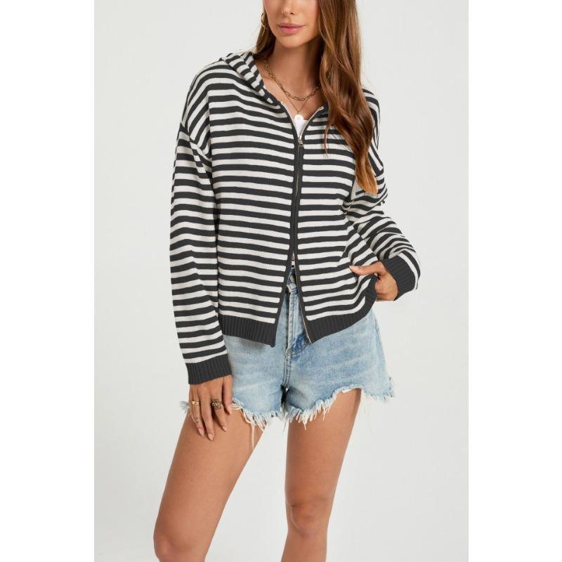 Women S Striped Hooded Zip Knit Cardigan Loose Fit Long Sleeve Sweater