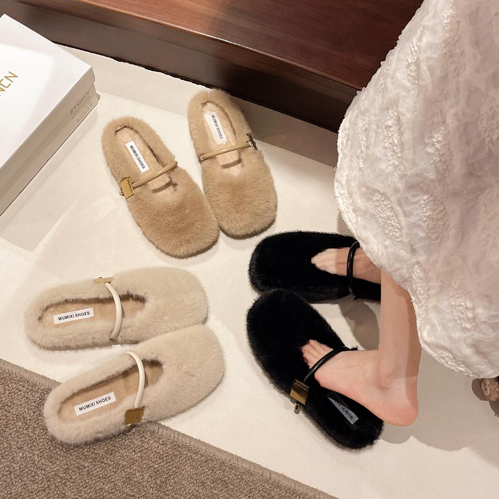 2025 autumn and winter new casual cotton slippers European and American one-word belt inner height increase women's shoes Mao Mao Mary Jane flat shoes
