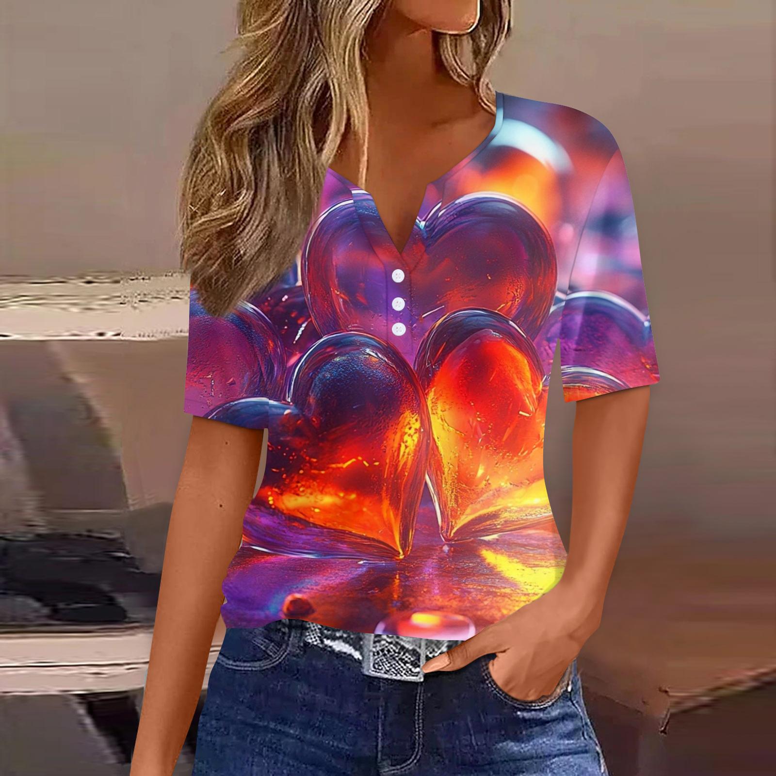 

Жіноча футболка з принтом, на ґудзиках, з коротким рукавом, для повсякденного носіння, на вихідні, модна, базова, з V-подібним вирізом,regular топ, День святого Валентина XL