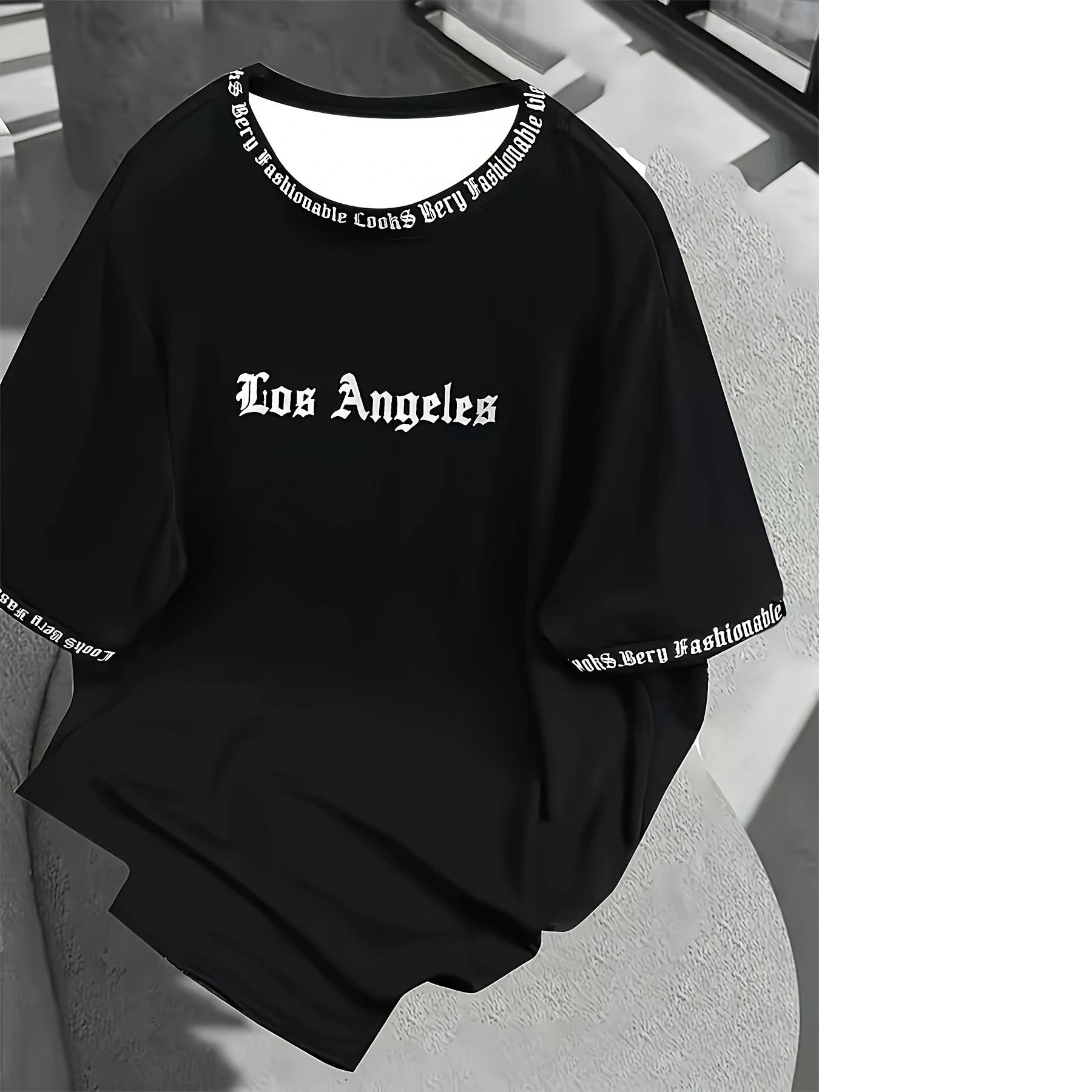 

Модная свободная повседневная футболка с круглым вырезом и коротким рукавом с буквенным принтом, мягкая дышащая футболка с короткими рукавами для летней повседневной уличной моды XS чёрный