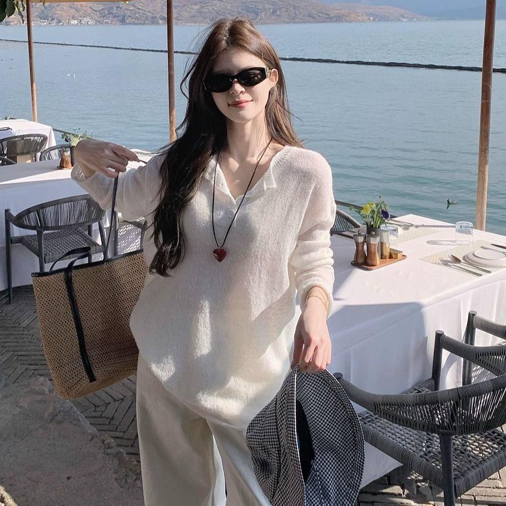 Lazy Style Solid Color Slightly Transparent Long Sleeved Knitted Shirt for Women's Summer Loose Sun Protection Cover Top