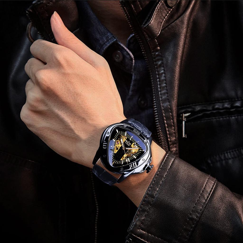 Winner Fashion Mechanical Watch with Triangle Racing Dial, Waterproof Golden Skeleton Dial, Automatic Movement, Leather Design, Men's, Black_1.