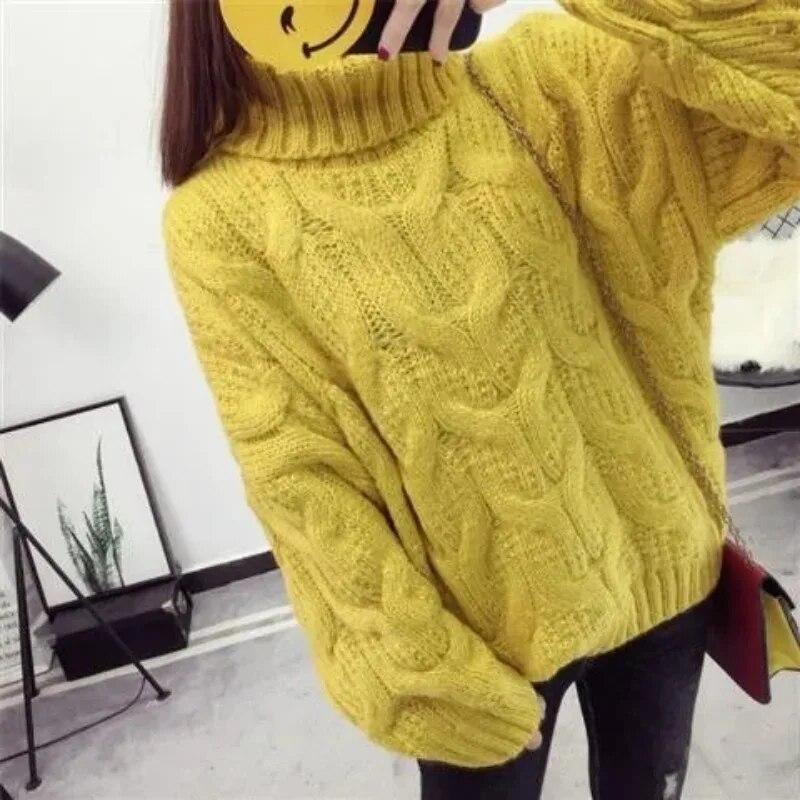 Turtleneck Sweater Thickened Loose Crochet Stripe Women Short Knit Pullover Warm  Pull Jumper Casual Commuting New Fashion Autumn Winter