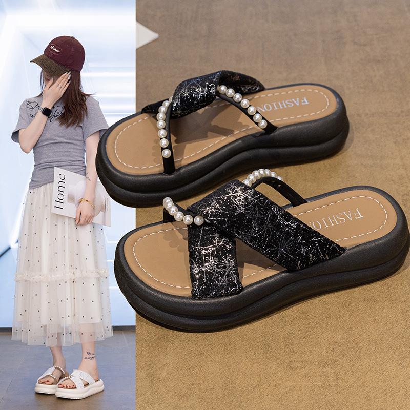 Pärla nationell stil älvtofflor 2025 sommar ny tjock sula bär med kjol mode utländsk stil strand en-ords toffel tidvatten