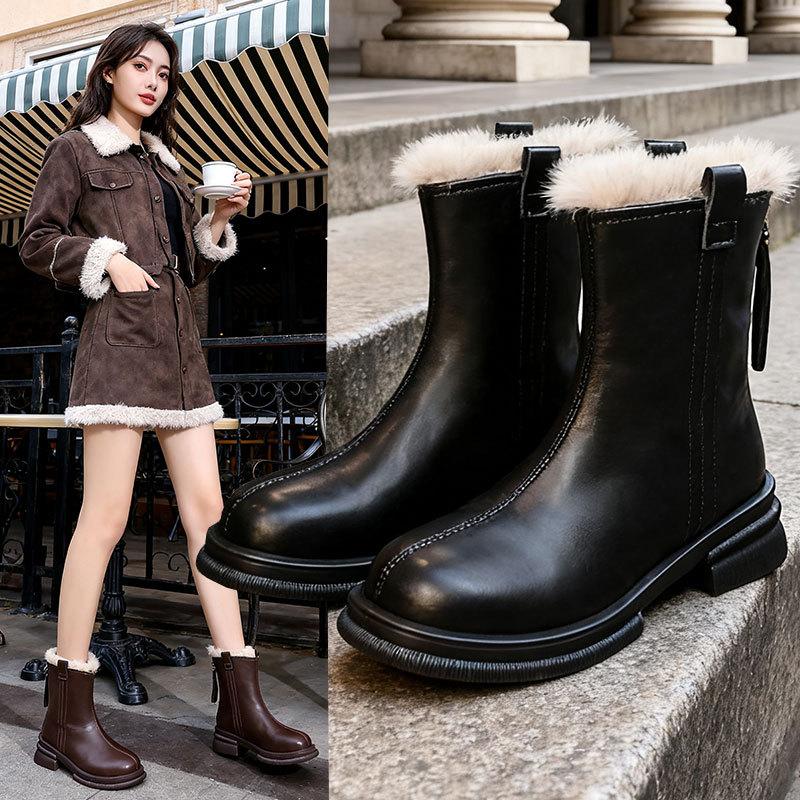 Women's fashion lightweight soft sole winter warm one-step fur one snow boots lined with fleece non-slip casual sports Martin cotton boots