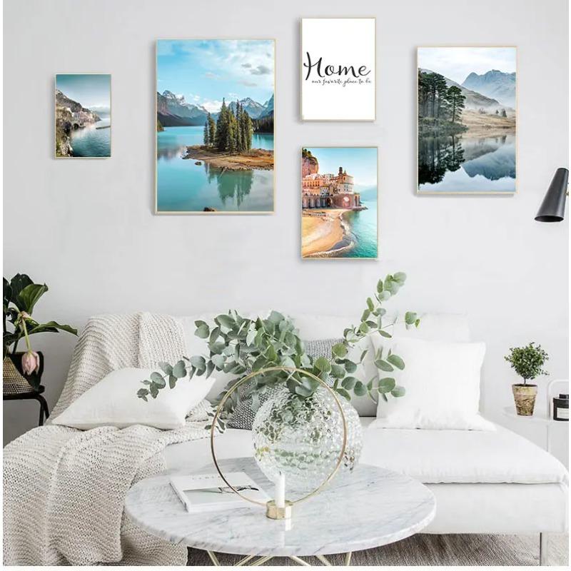 Mountain Lake Reflection Picture Nature Scandinavian Nordic Decoration Coastline Cityscape Print Wall Art Canvas Painting