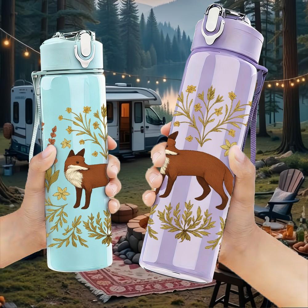 1PC Autumn Bush Fox Illustration 750ml Color Plastic Sports Water Bottle Leakproof Flip Straw Lid Suitable for Sports Office Home Use