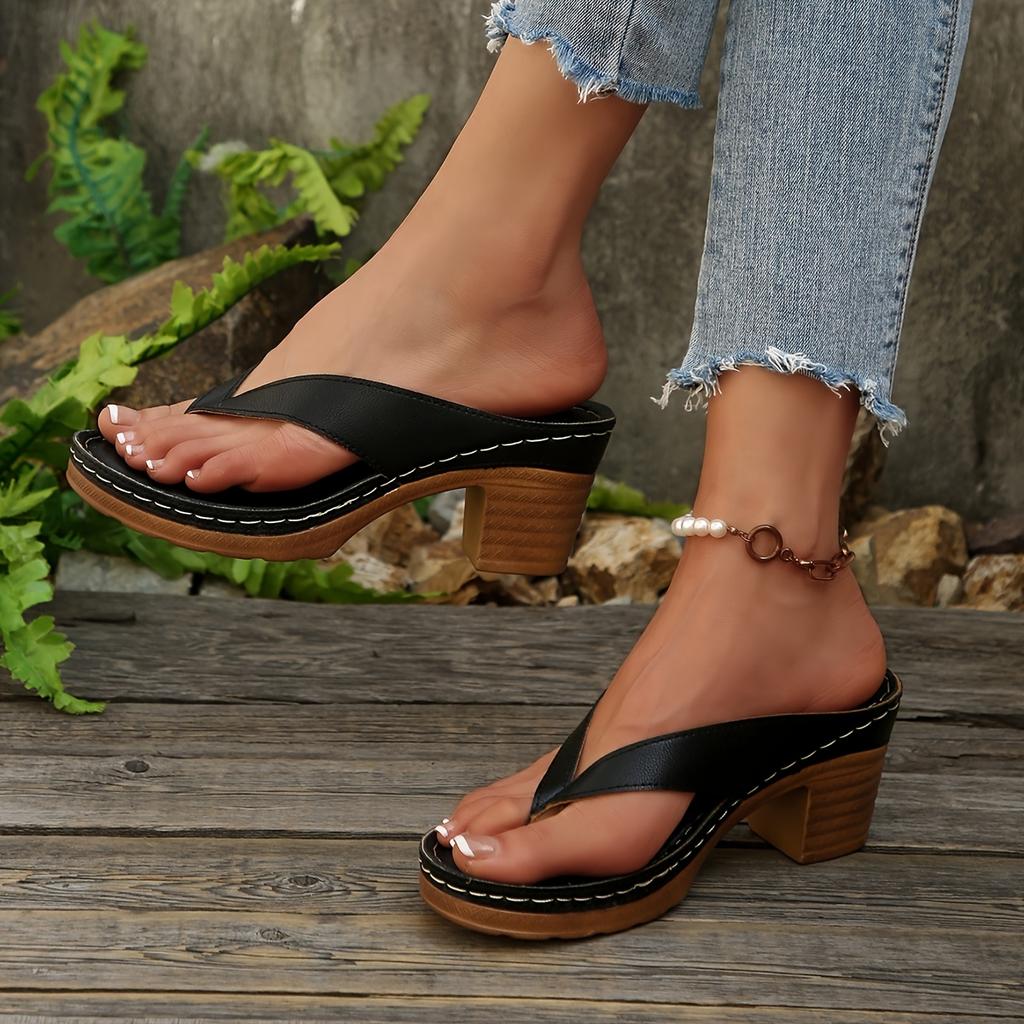Fashionable High-Heel Slip-On Thong Slippers, Women Shoes