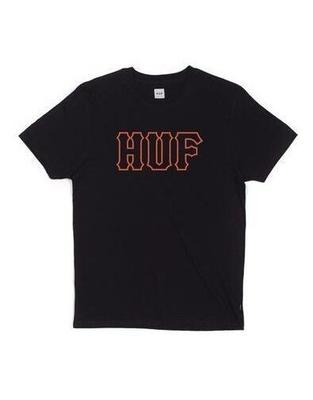 Camiseta unisex de manga corta con serigrafía en naranja y negro con el logotipo clásico de Huf