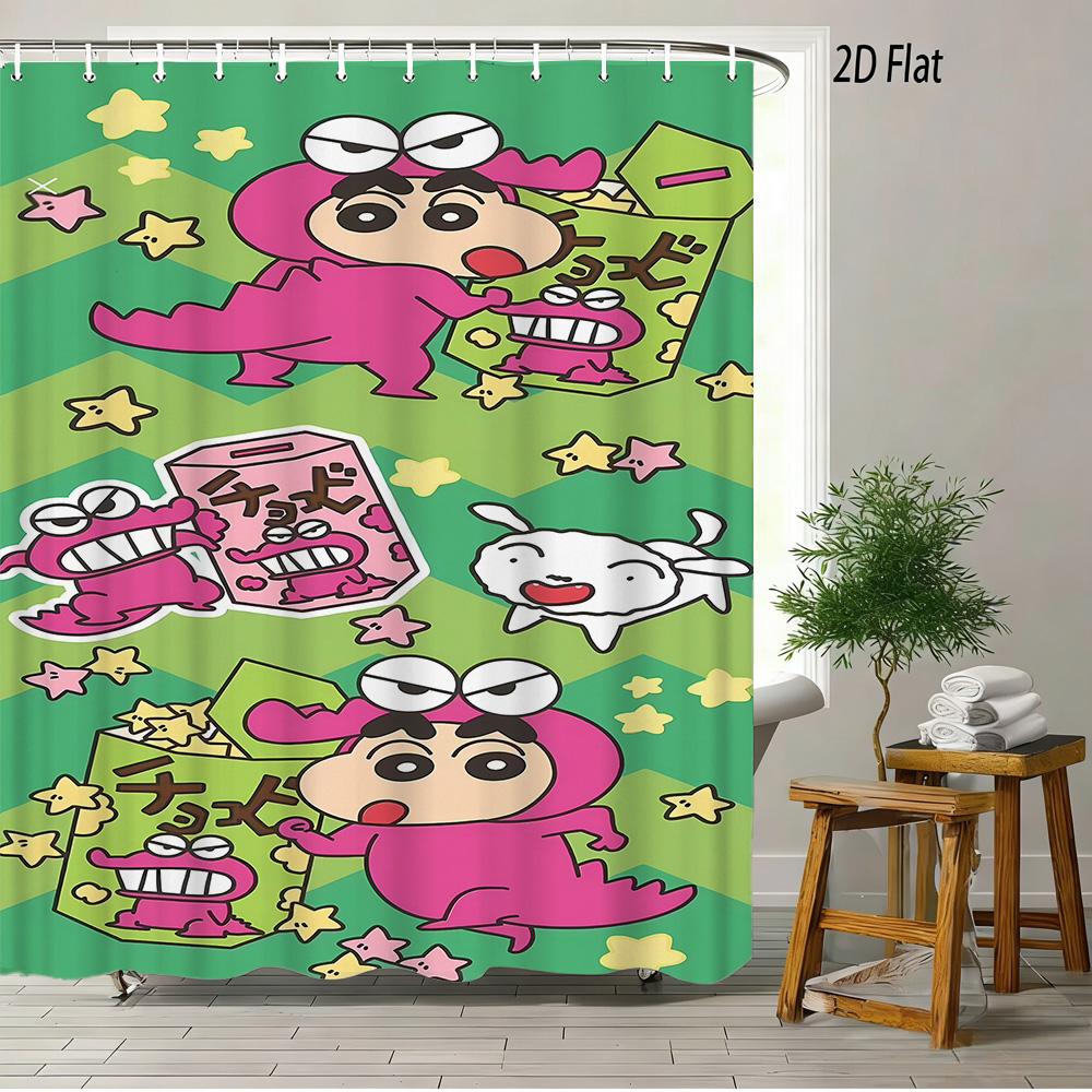 Crayon Shin-Chan & Shiro & Himawari Photo Collage Scene 2D Print Waterproof Shower Curtain, Warm Yellow Checkered With Star Acce