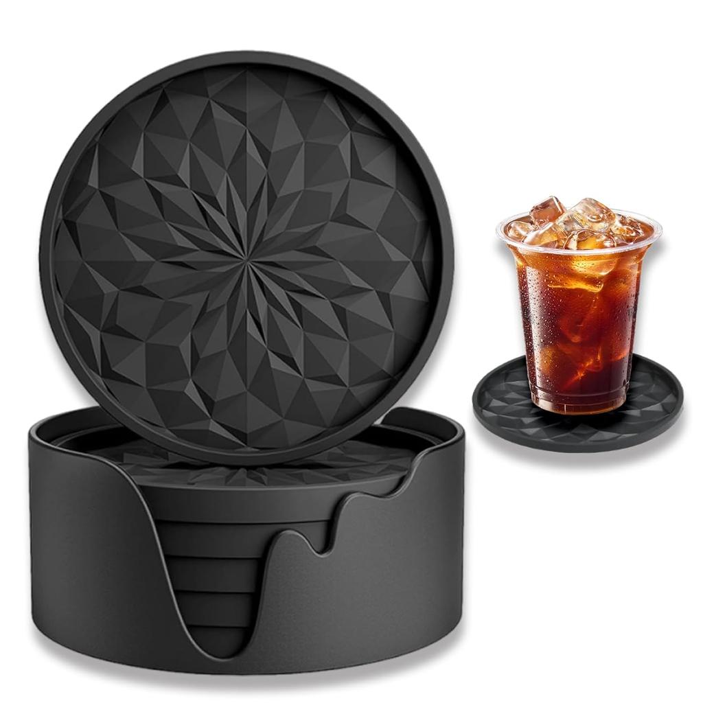 Coaster 6-piece set silicone heat-resistant waterproof non-slip absorbent storage stand round stylish cup mat black