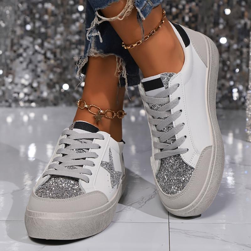 [Everyday Comfort] Women's Leopard Print Star Sneakers, Casual Lace-Up Low Top Shoes with Round Toe, Fabric Upper & Mesh Inner, PVC Sole