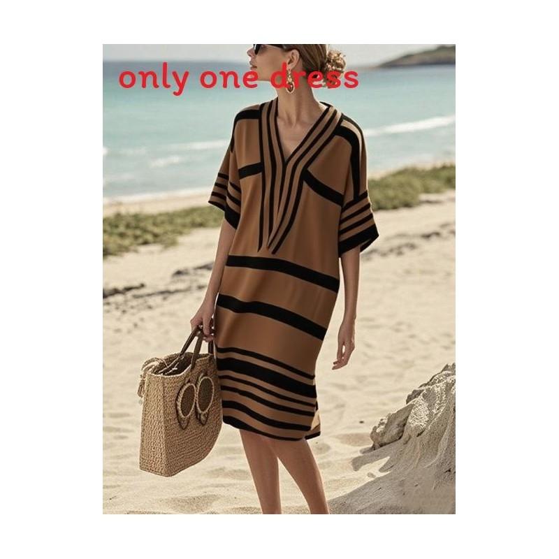 Polyester Digital Print Striped Vneck Dress With Short Sleeves For Casual Summer Wear