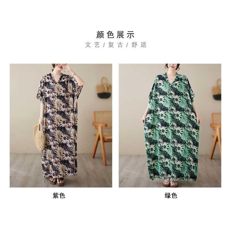 V-neck Thin Plus Size Loose Vintage Cover-up Long Dress