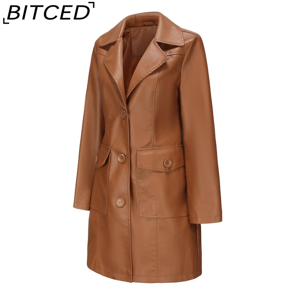 BITCED Long-Length Leather Coat Spring/Autumn Long-Sleeved Leather Trench Coat Stylish British-Style Outerwear Polo Neck Single-Breasted
