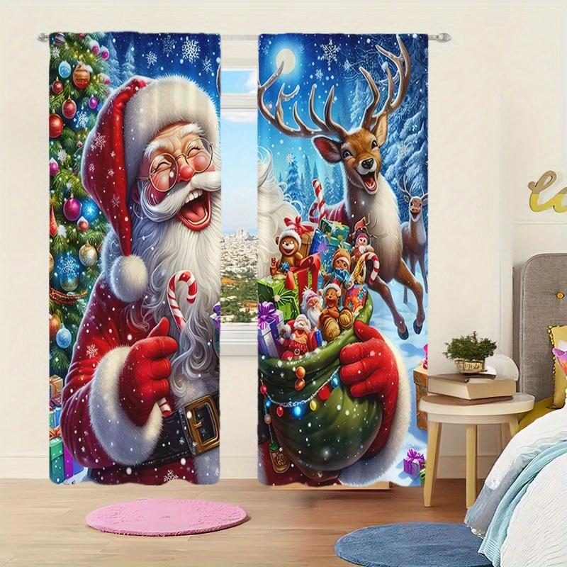 2pcs Christmas Reindeer Santa Claus & Snowman Curtains Digital Print, Rod Pocket Design for Living Room Kitchen Bedroom  Decor