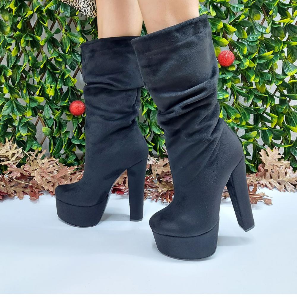 

Модные женские черные замшевые туфли на высоком каблуке до колен с поясом