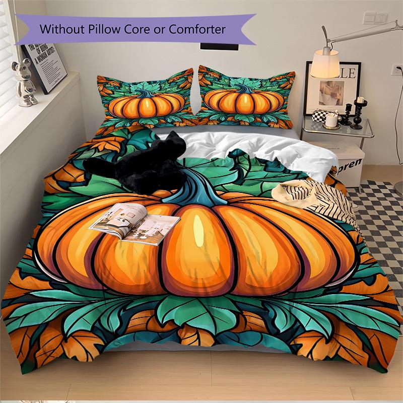 3pcs Pumpkin Halloween Bedding Set, Includes Without Pillow Inserts, Soft Comfortable Bedding Set,All-Season Use a0924087