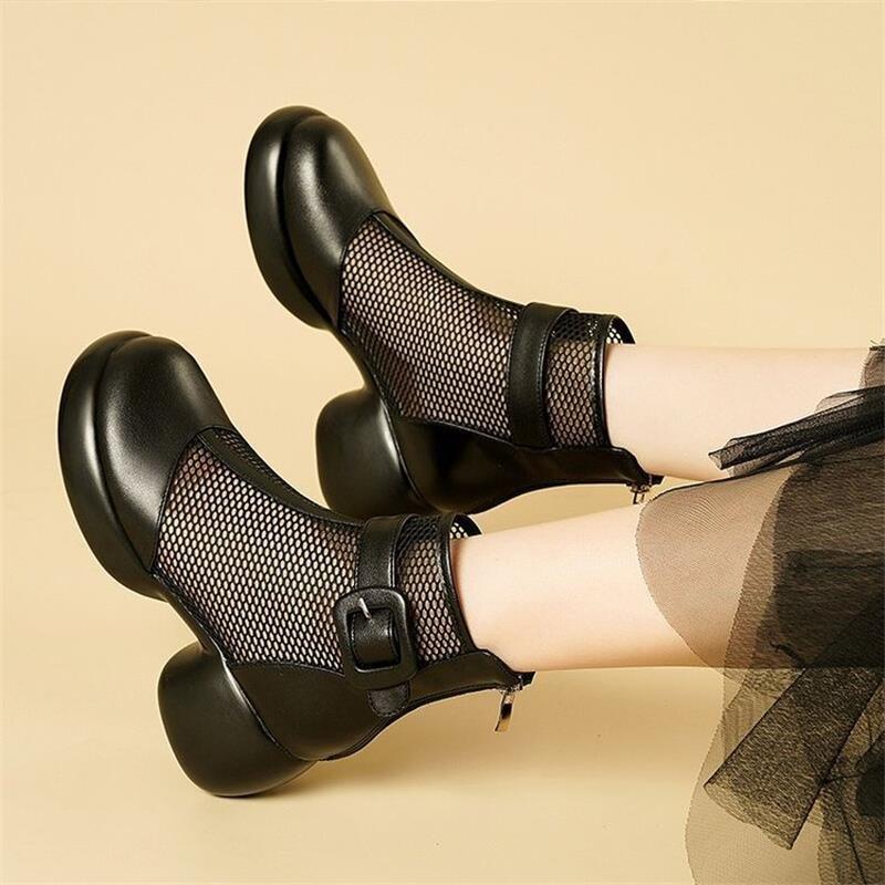 Women's Summer Cool Boots Breathable Mesh Leather Boots High Top Platform Boots for Women Casual Hollow Out Cool Booties