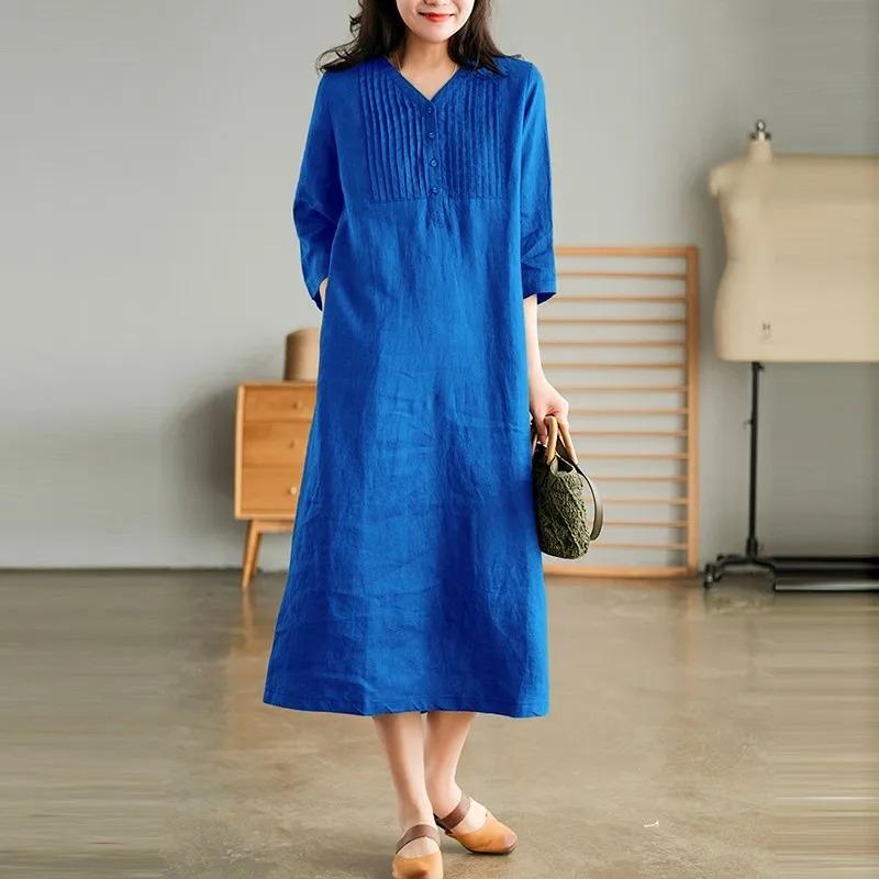 Women Summer Casual Dress Vintage V Neck Solid Color Loose Female Cotton Linen Long Dresses
