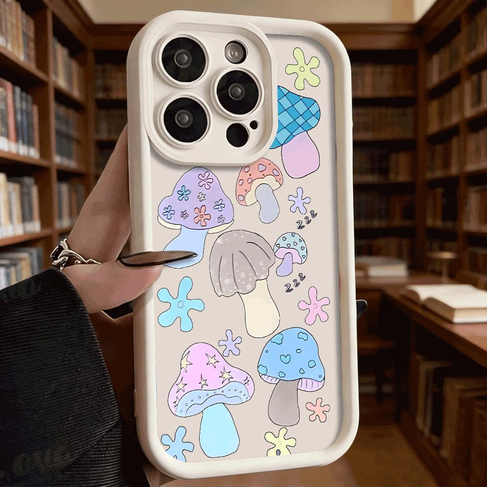 Pastel Cute Mushroom Stickers Soft TPU Phone Case for iPhone 17 16 15 14 13 12 11 Pro Max Plus Shockproof Anti-Slip Cover