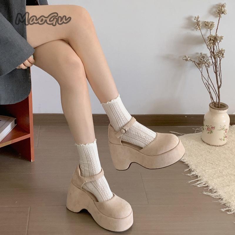 Fashion Thick Bottom High Heel Women Pumps Suede Black Ladies Fashion Sneakers Ankle Straps Muffins Shoes Wedge Zapatos De Mujer Sandals
