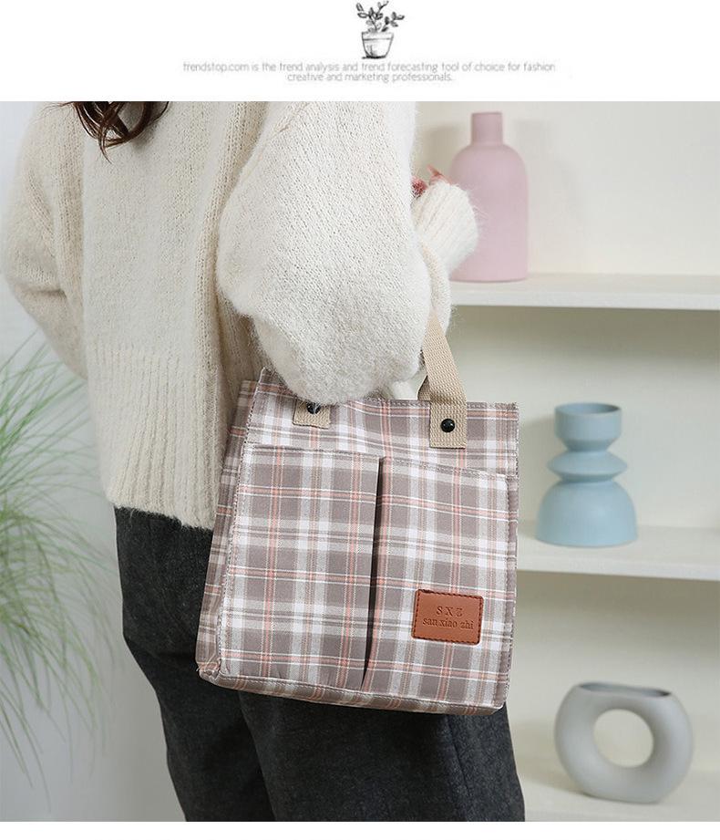 Korean Canvas Plaid Bento Handbag - Women's Retro Tote
