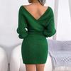 Woolen Wrap Dress Sexy Cross V Neck Batwing Sleeve Solid Color Winter Autumn Hip