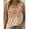 Damen Boho Bandana-Print V-Ausschnitt T-Shirt, Lässige Kurzarm-Tops, Ethnischer Stil Tägliche Kleidung für Frühling & Sommer