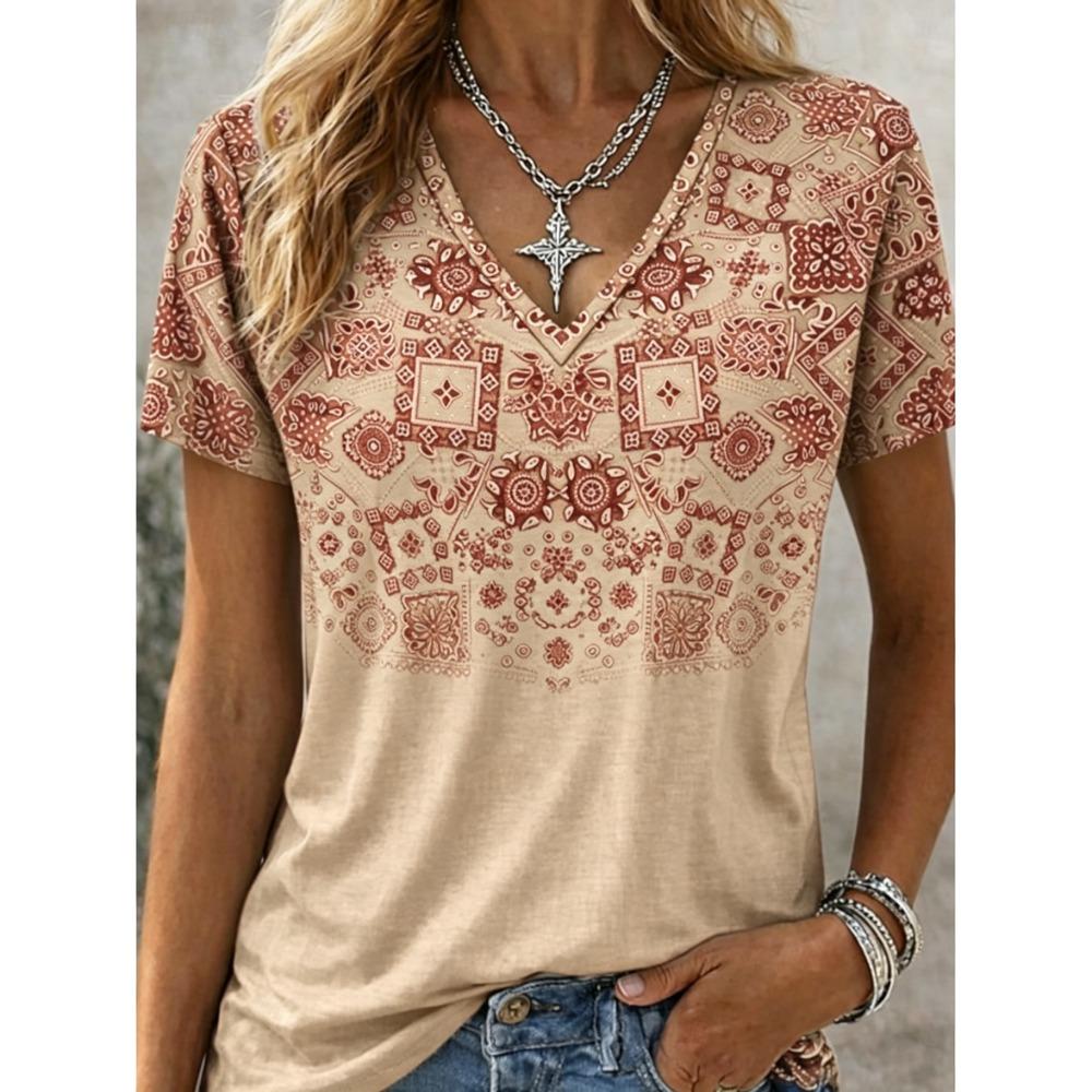 Damen Boho Bandana-Print V-Ausschnitt T-Shirt, Lässige Kurzarm-Tops, Ethnischer Stil Tägliche Kleidung für Frühling & Sommer