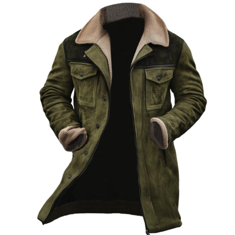 2025 Men's Vintage Suede Patchwork Jacket, Lamb Fleece Multi-Pocket Coat, Reverse Collar Outdoor Warm Fleece Coat for Men