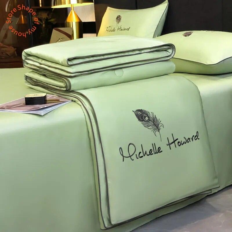 New Fruit Green Summer Cool Quilt Lavabil Gheata Matase Broderie cu pene Pilota de vara Set de lenjerie de pat 4 Piese Cuvertură Queen Quilt