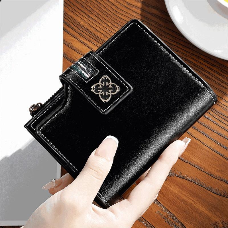 Women Short Wallet RFID Card Holder Retro Oil Wax Leather Wallet Large Capacity Tri-fold Multi Card Slots ID Window Zipper Coin Pocket Foldable Purse