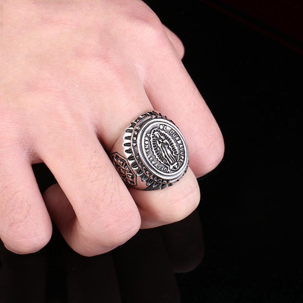 Vintage Silver Virgin Ring Bicycle Blessing Religious Ring Men's Talisman Jewelry Gift