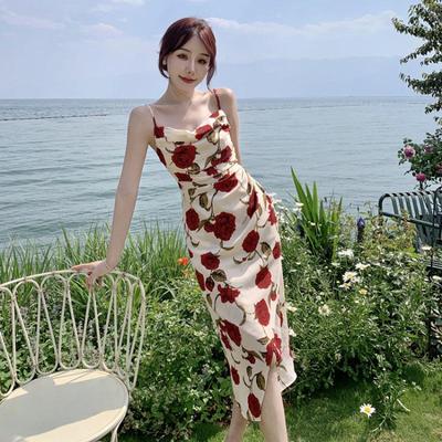 2025 Square Neck Floral Print Irregular Slit Long Camisole Dress for Women's Summer