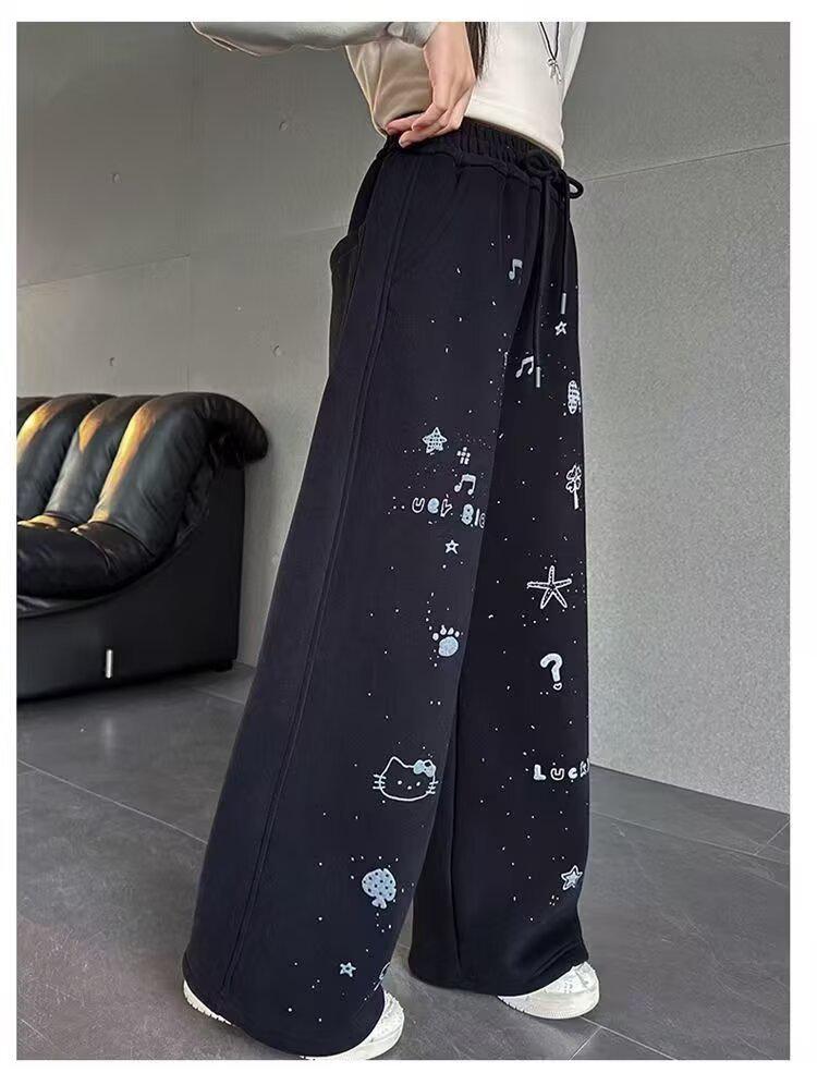 Girls' Black Velvet-Lined Sweatpants - Autumn/Winter 2025 Collection - Straight Leg Style for Older Children and Junior High Students