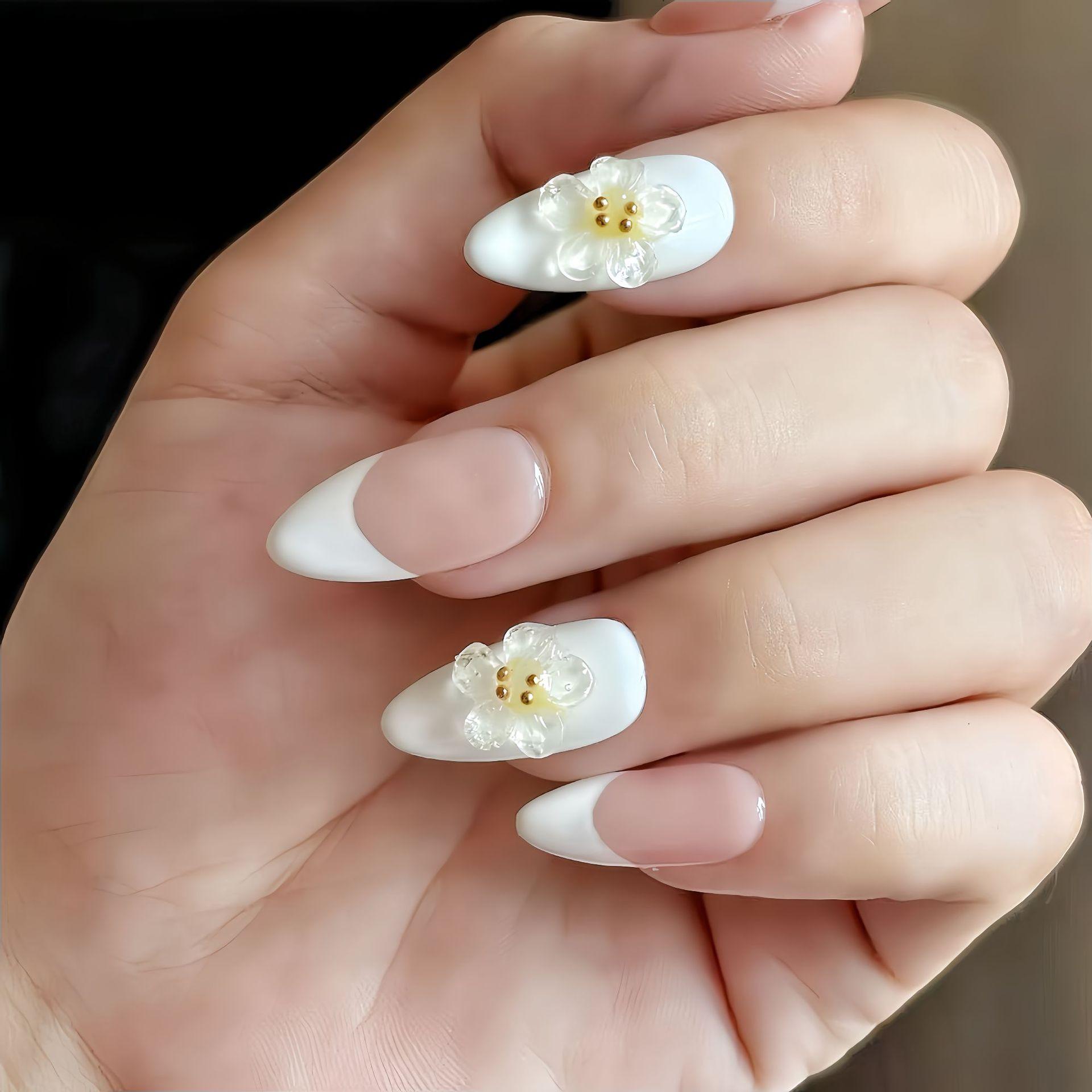 Handmade Acrylic Wearable Nails High-End Almond Shape Floral French Blush Design Removable Press-On Nail Stickers for Finger S белый