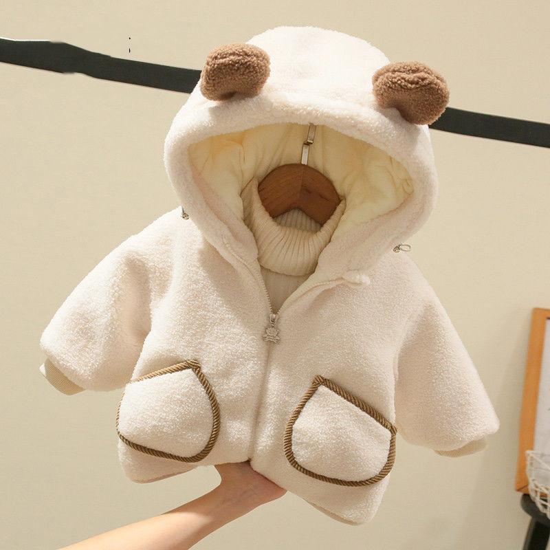 

Boys and Girls Baby Lamb Wool Fleece Jacket Winter Warm Thickened Hooded Clothes 120 бежевий