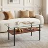 Modern Coffee Table with Glass Top and MDF Shelf, 2-Tier Living Room Table with Metal Frame, Sofa Table with Storage, Black/Wood - H45/W98/D58 cm