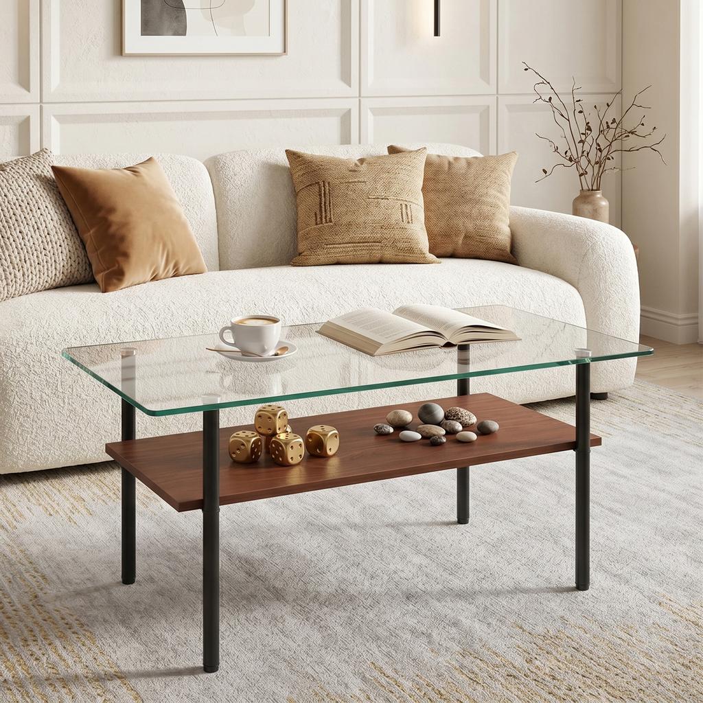 Modern Coffee Table with Glass Top and MDF Shelf, 2-Tier Living Room Table with Metal Frame, Sofa Table with Storage, Black/Wood - H45/W98/D58 cm