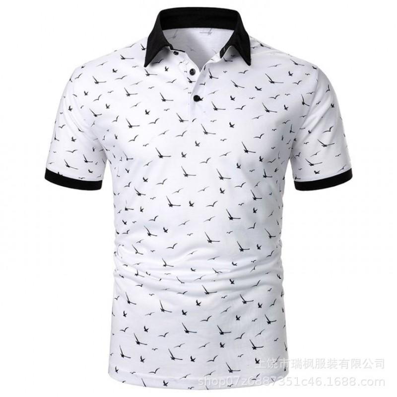 Mens Short Sleeve Polo Shirt Slim Fit Casual Tee Breathable Cotton Print Design