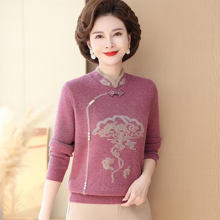 Cheongsam Collar Sweater for Middle-aged and Elderly People with Velvet Base Shirt Integrated Mink Velvet Thickened Women's Base Shirt