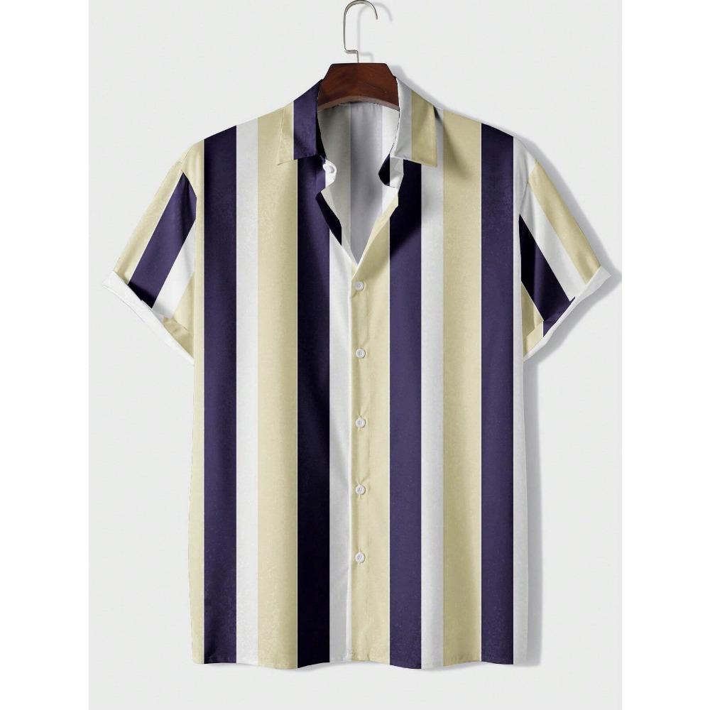 New European and American Printed Men's Shirt Casual Striped Versatile Top Short Sleeved