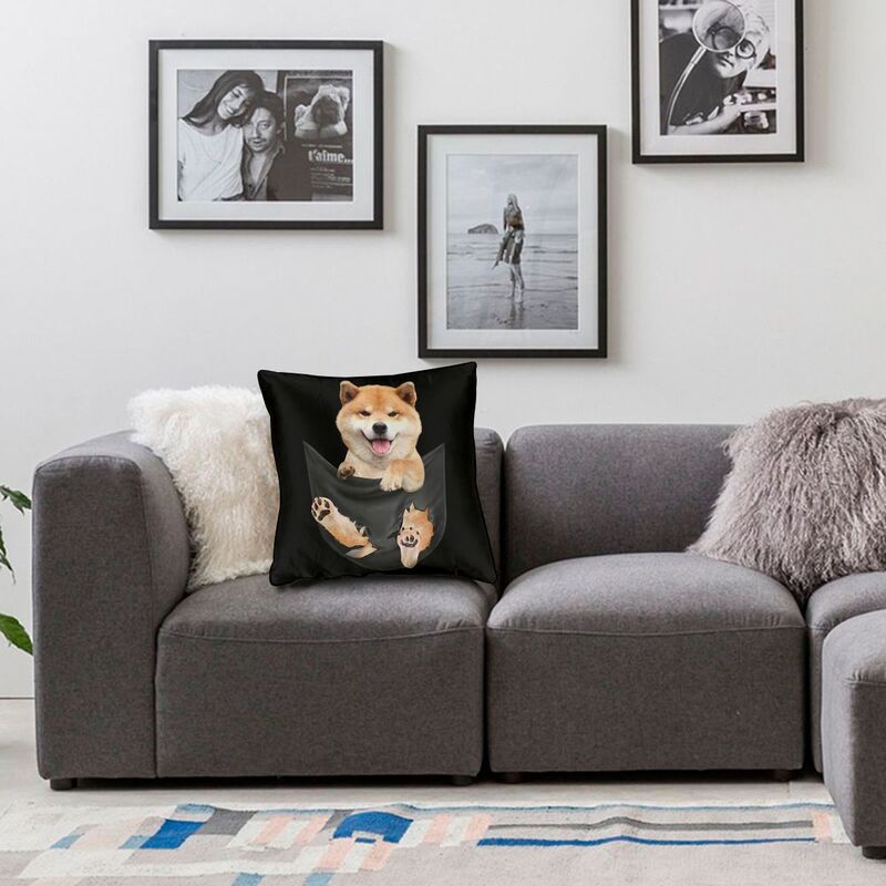 Husă de pernă cu buzunar fals în interiorul cățelușului drăguț Shiba Inu, 50*50 cm, catifea, amuzant, cu câine japonez, husă de pernă pentru decorarea casei