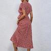 Flowy Boho Summer Maxi Dress for Women V Neck Short Sleeve Wrap Beach Casual Long Dress Floral Print with Ruffle Hem Side Split