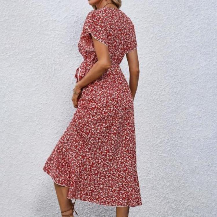 Flowy Boho Summer Maxi Dress for Women V Neck Short Sleeve Wrap Beach Casual Long Dress Floral Print with Ruffle Hem Side Split