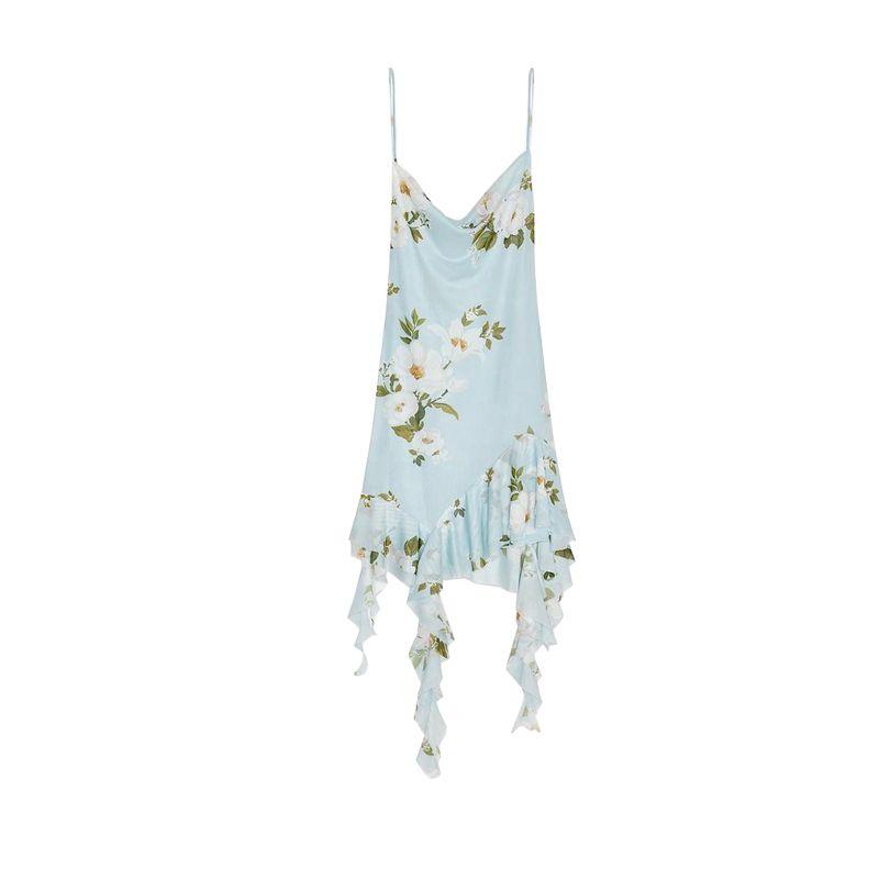 Spring and Summer New Women's Clothing French Style Vacation Style Print Silk Net Draped Collar Sling Short Dress 5039122